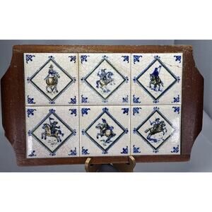 19th C Antique Dutch Delft Ceramic 6 Tiles/ Wood Tray/soldiers on Horses/crazing